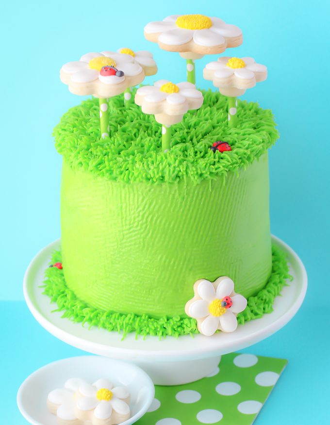 daisy cake with cookie toppers on blue