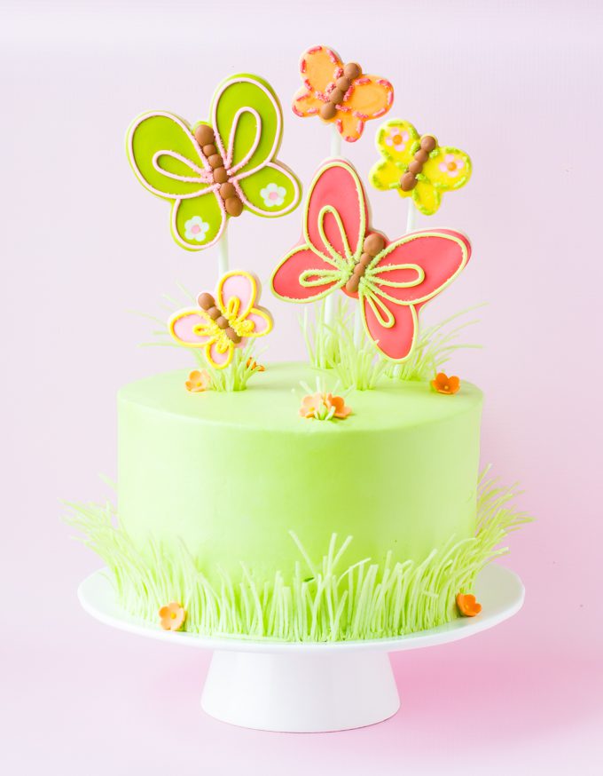 spring cake with butterfly cookies