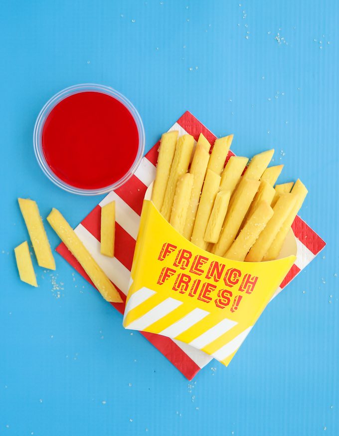 french fry cookies with ketchup icing