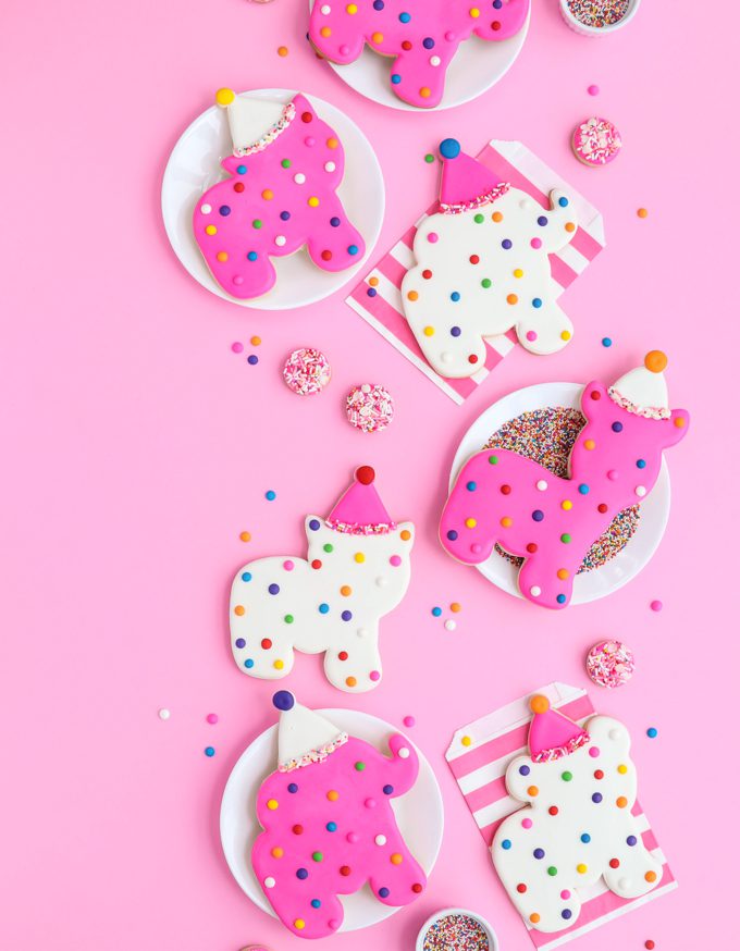 giant circus animal cookies on pink backdrop