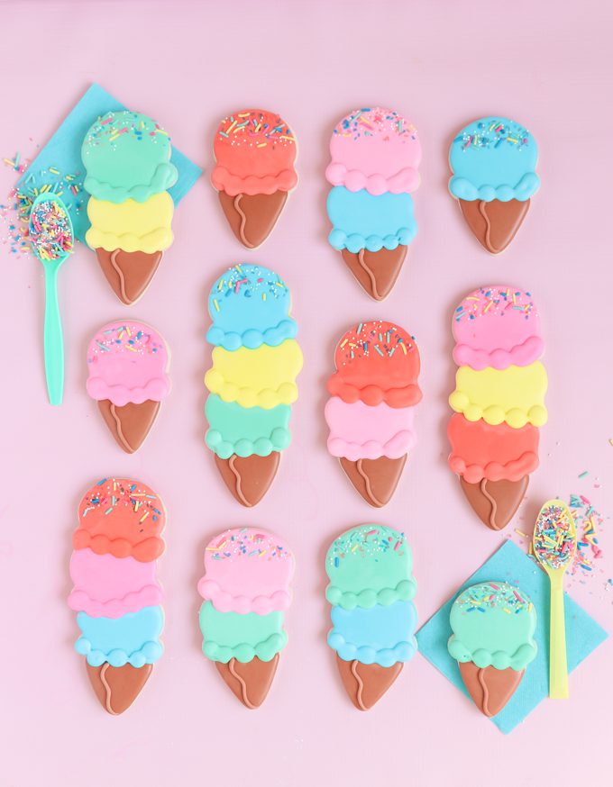 Double Scoop Ice Cream Cone Cookies on pink backdrop