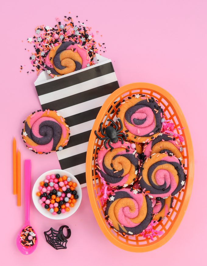 pink swirl Halloween cookies on pink 