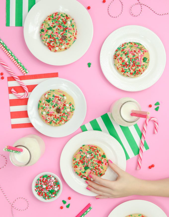 Chocolate chip Christmas cookies on pink background