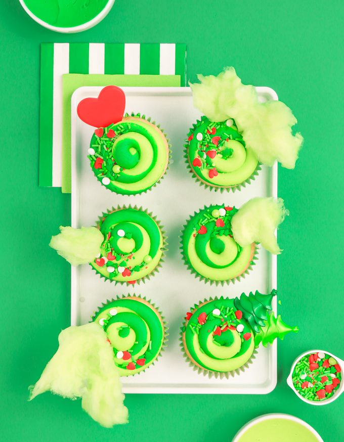 Grinch cupcakes with green cotton candy