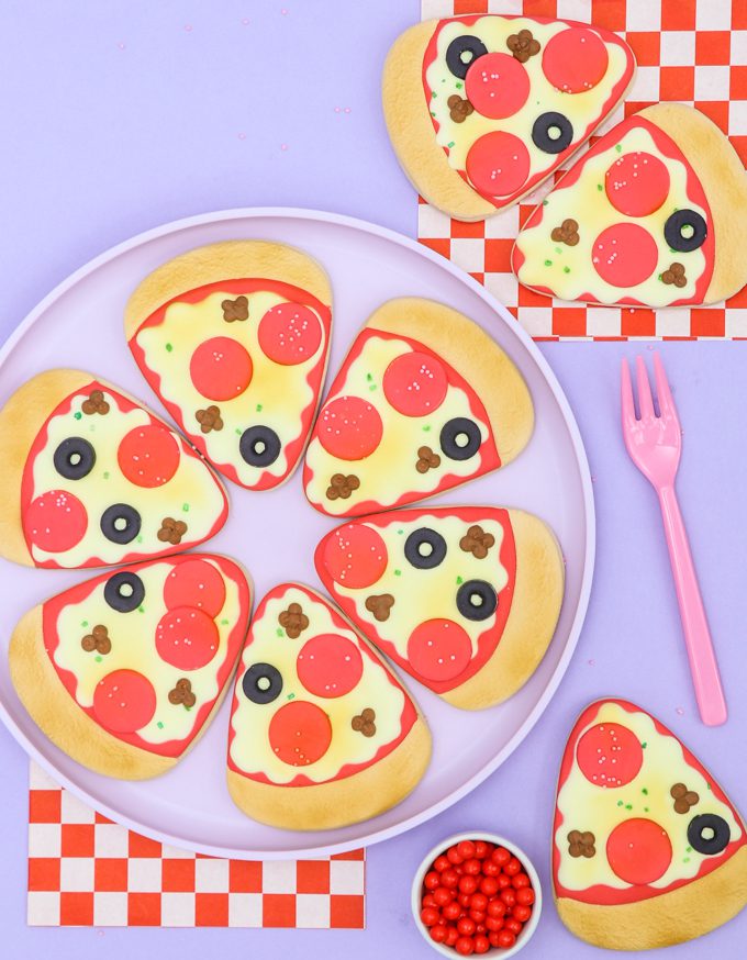 pizza cookies on purple plate