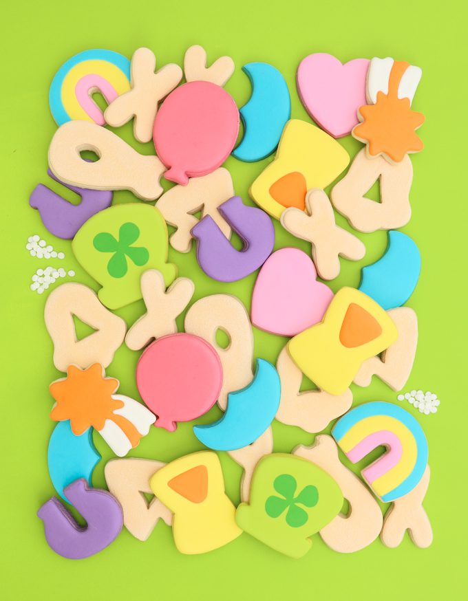 luck charms cookies laid out on green background