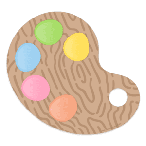 Graphic image of a wood paint palette with colorful paints on the left side.