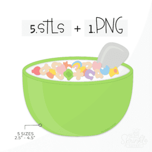 Clipart of a bright green bowl of cereal with milk and multi coloured marshmallow charm floating in it with a grey spoon handle sticking out of the milk to the right with size guide next to it with STL and PNG details.