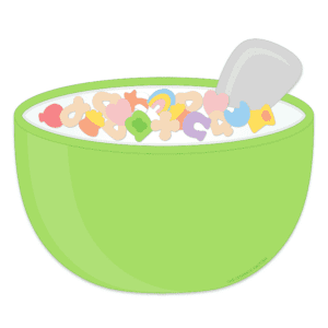 Clipart of a bright green bowl of cereal with milk and multi coloured marshmallow charm floating in it with a grey spoon handle sticking out of the milk to the right.