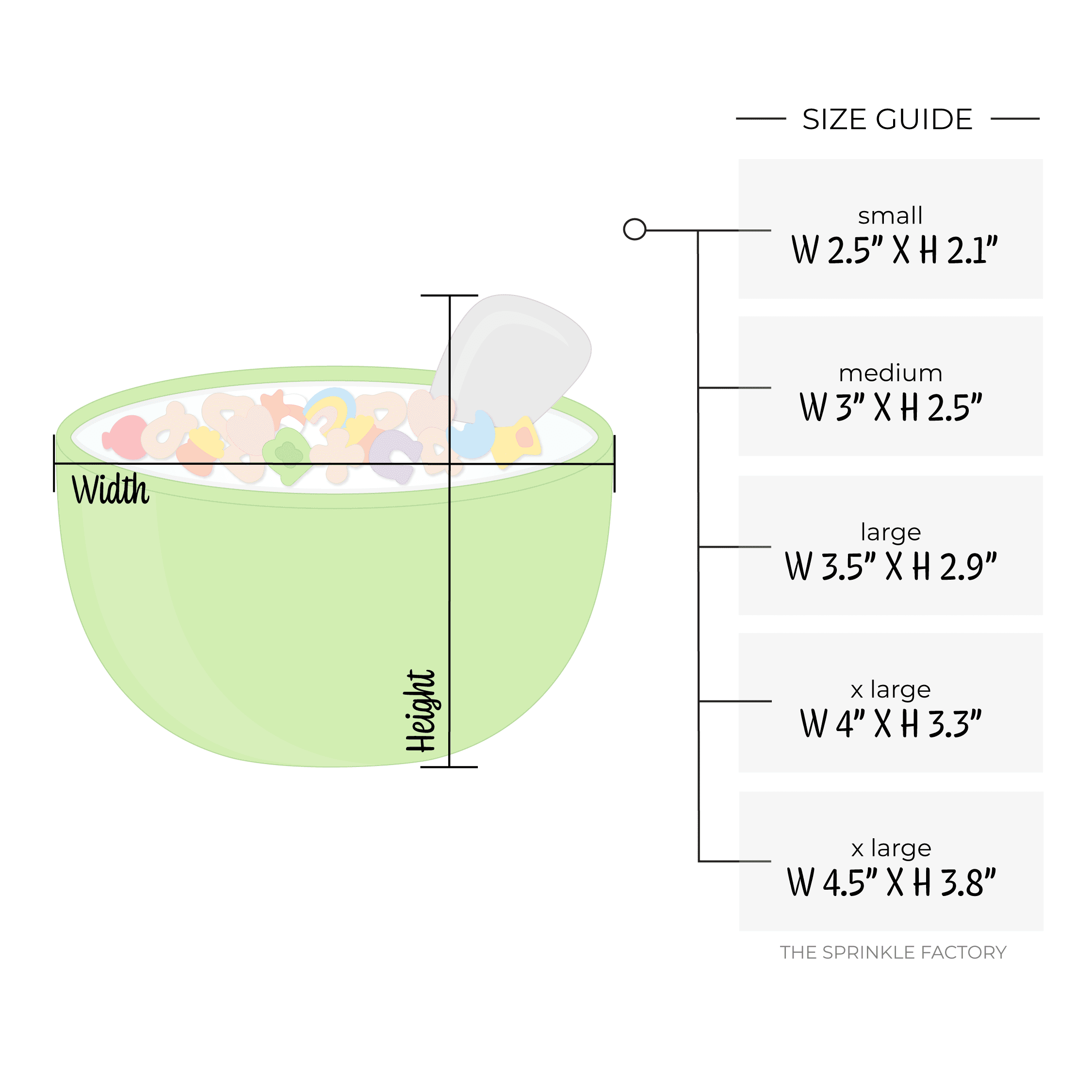 Clipart of a bright green bowl of cereal with milk and multi coloured marshmallow charm floating in it with a grey spoon handle sticking out of the milk to the right with size guide next to it.