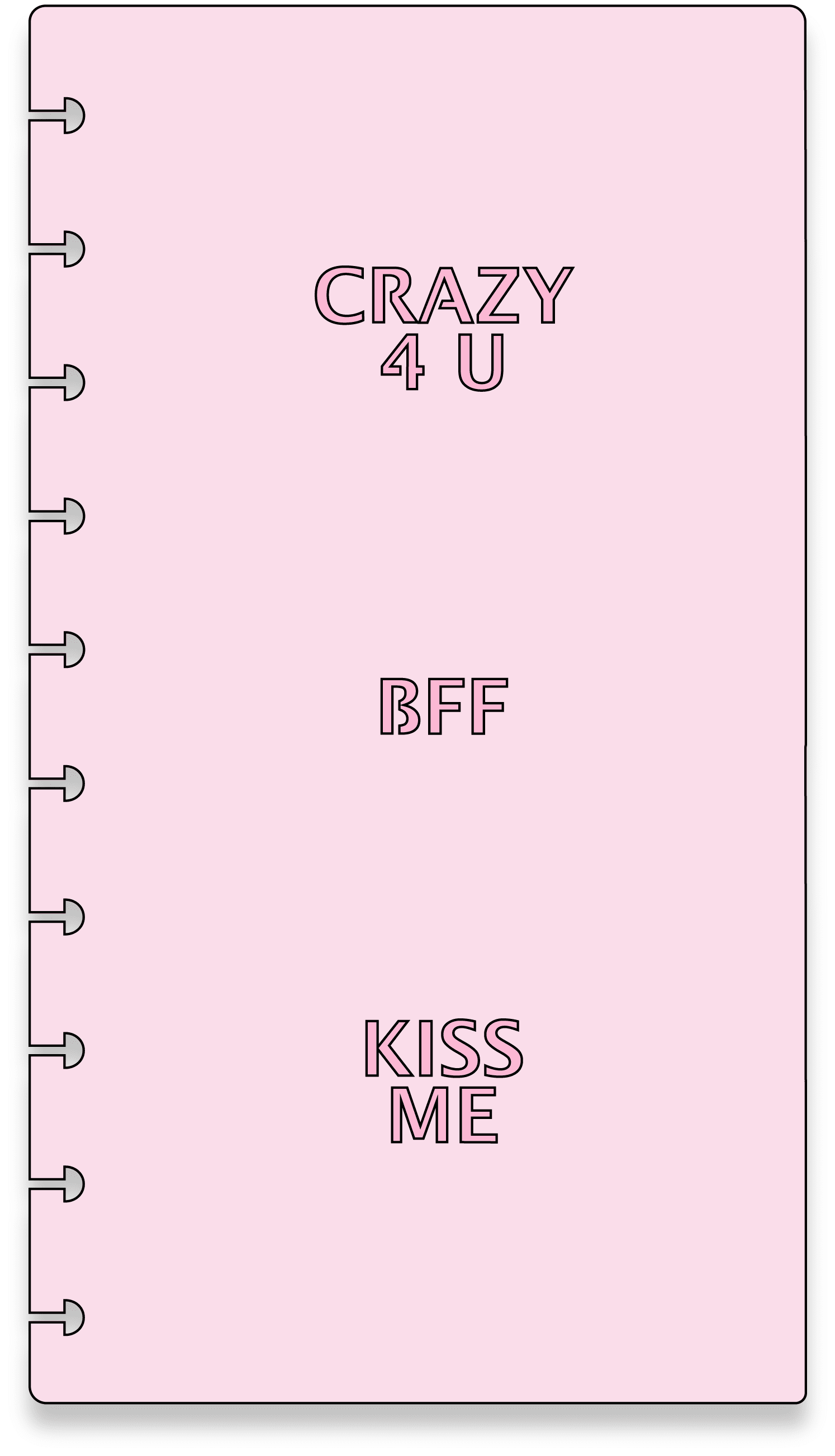 Graphic image of a pink stencil with conversation heart words on it lined up in the middle but spaced out in three sets.