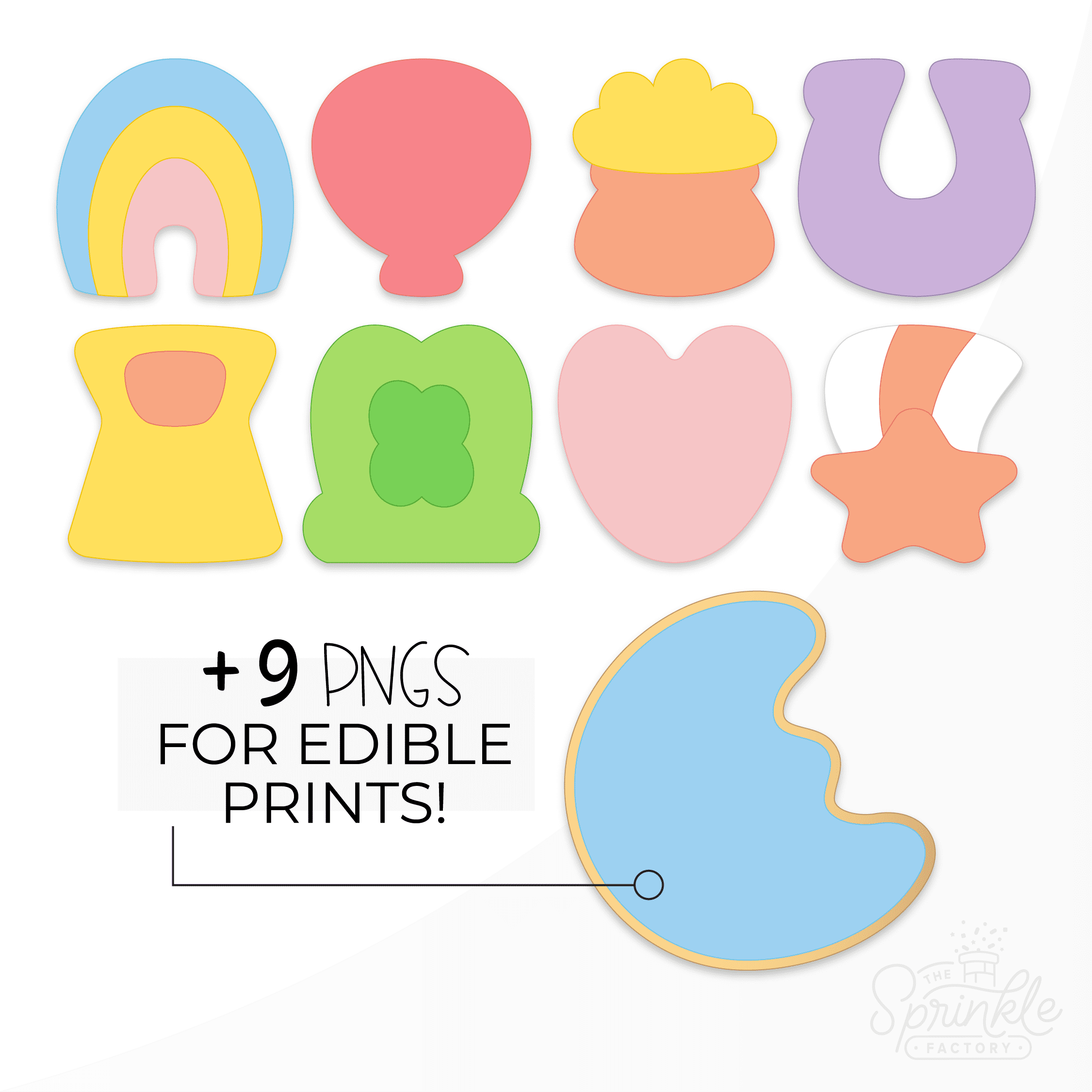 Clipart of 9 marshmallow cereal charms: blue/yellow/prink rainbow, red balloon, orange/yellow pot of gold, yellow/orange hour glass, green hat with shamrock, pink heart, purple horseshoe, white/orange shooting star and a blue moon on top of a cookie showing the edible prints.