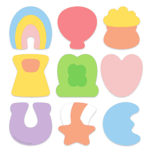 Clipart of 9 marshmallow cereal charms: blue/yellow/prink rainbow, red balloon, orange/yellow pot of gold, yellow/orange hour glass, green hat with shamrock, pink heart, purple horseshoe, white/orange shooting star and a blue moon.