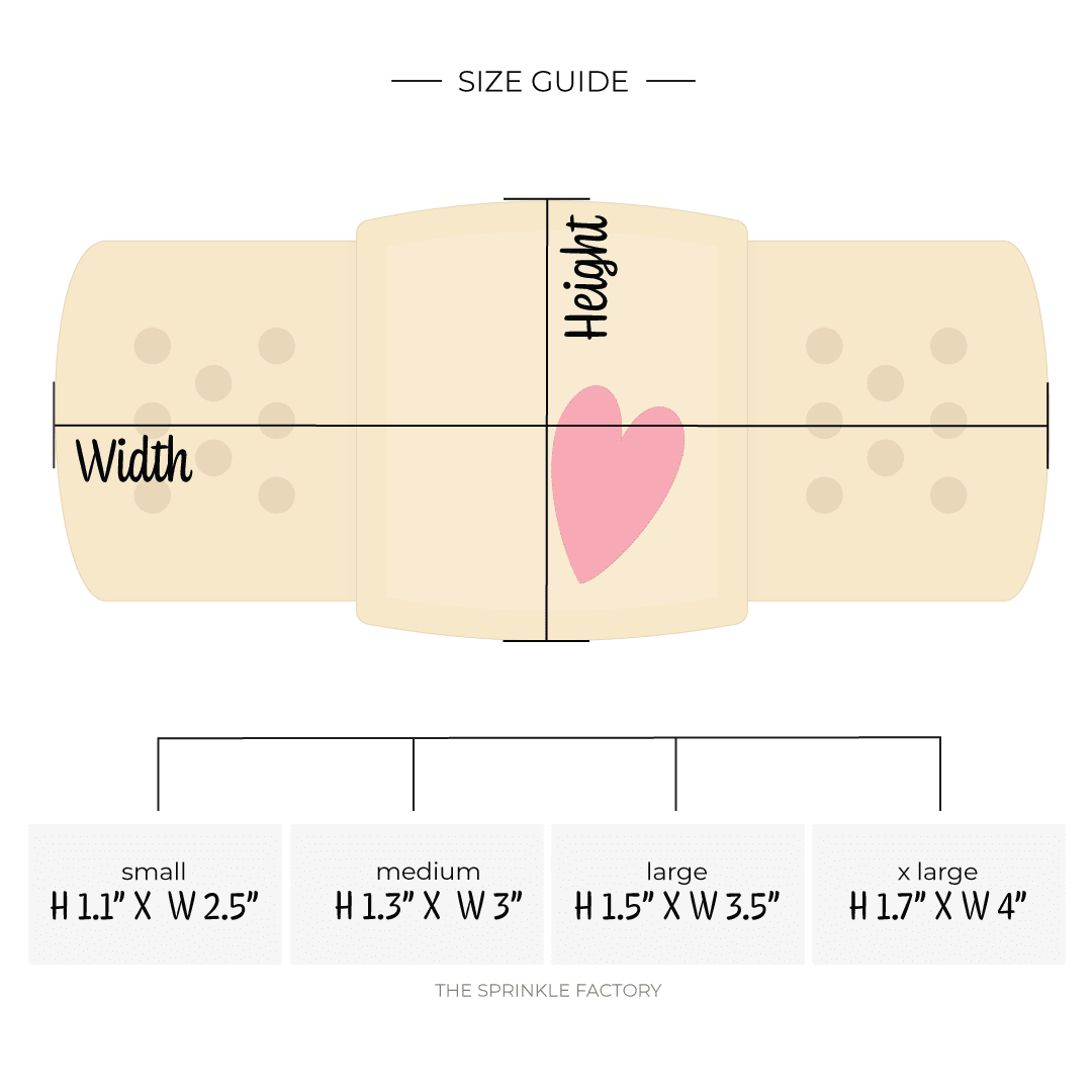 Clipart of a light brown band aid with a pink heart and size guide.