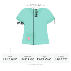 Clipart of a teal green scrub top with a pocket near the waist with a pink heart on it with size guide.