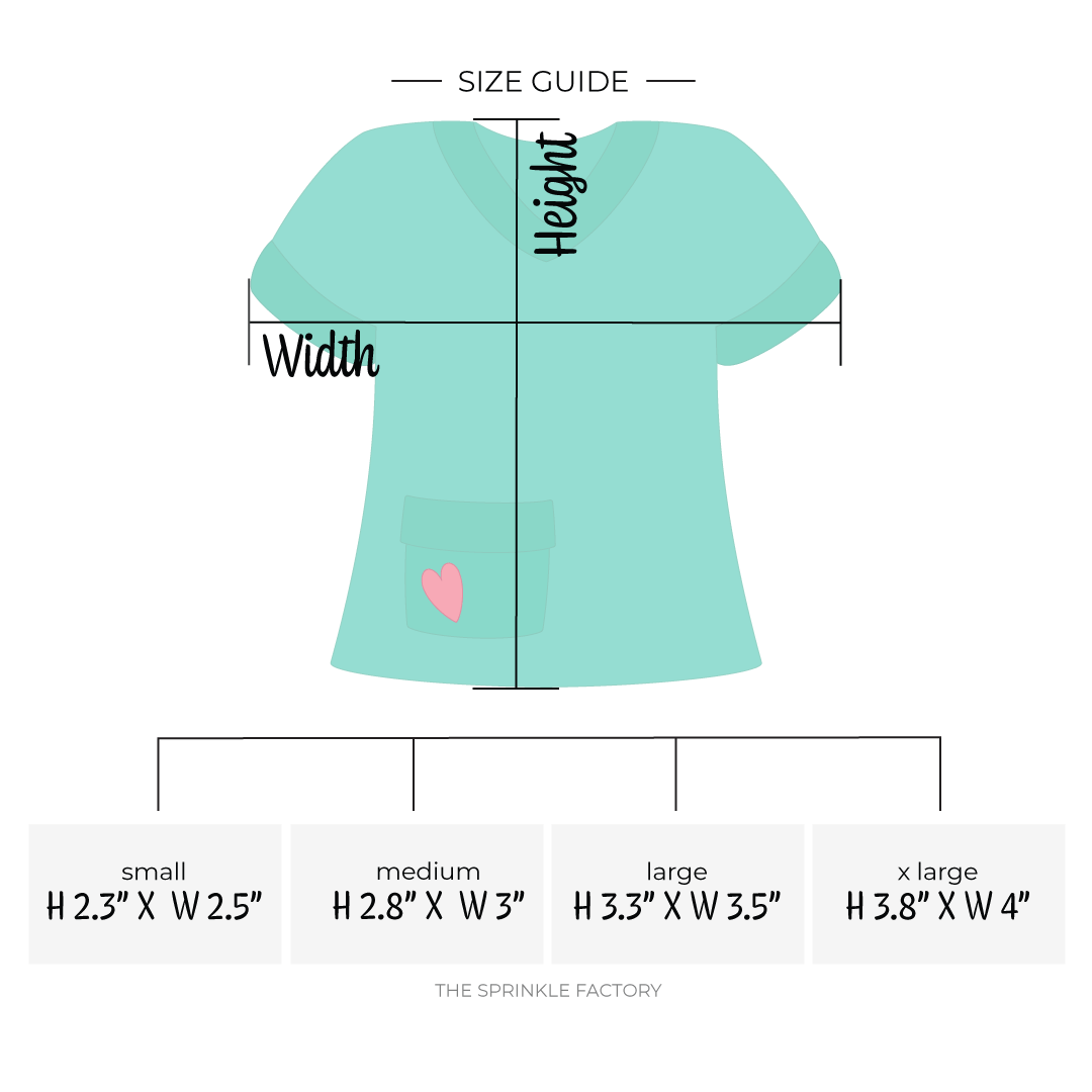 Clipart of a teal green scrub top with a pocket near the waist with a pink heart on it with size guide.