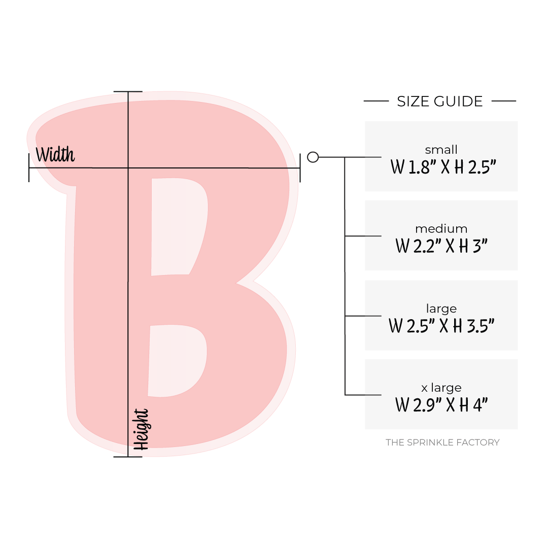 Clipart of a pink capital letter B with an offset light pink background and size guide.