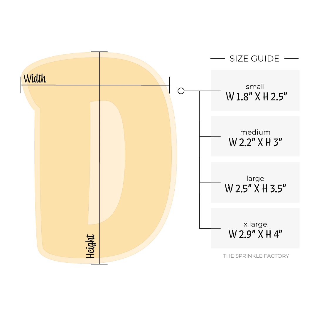 Image of a yellow capital letter D with an offset light yellow background with size guide.