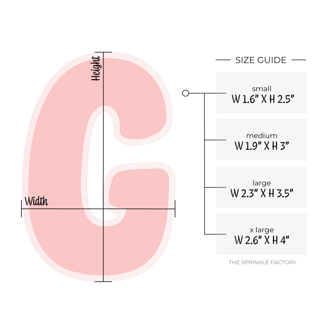 Image of a pink capital letter G with an offset light pink background and size guide.
