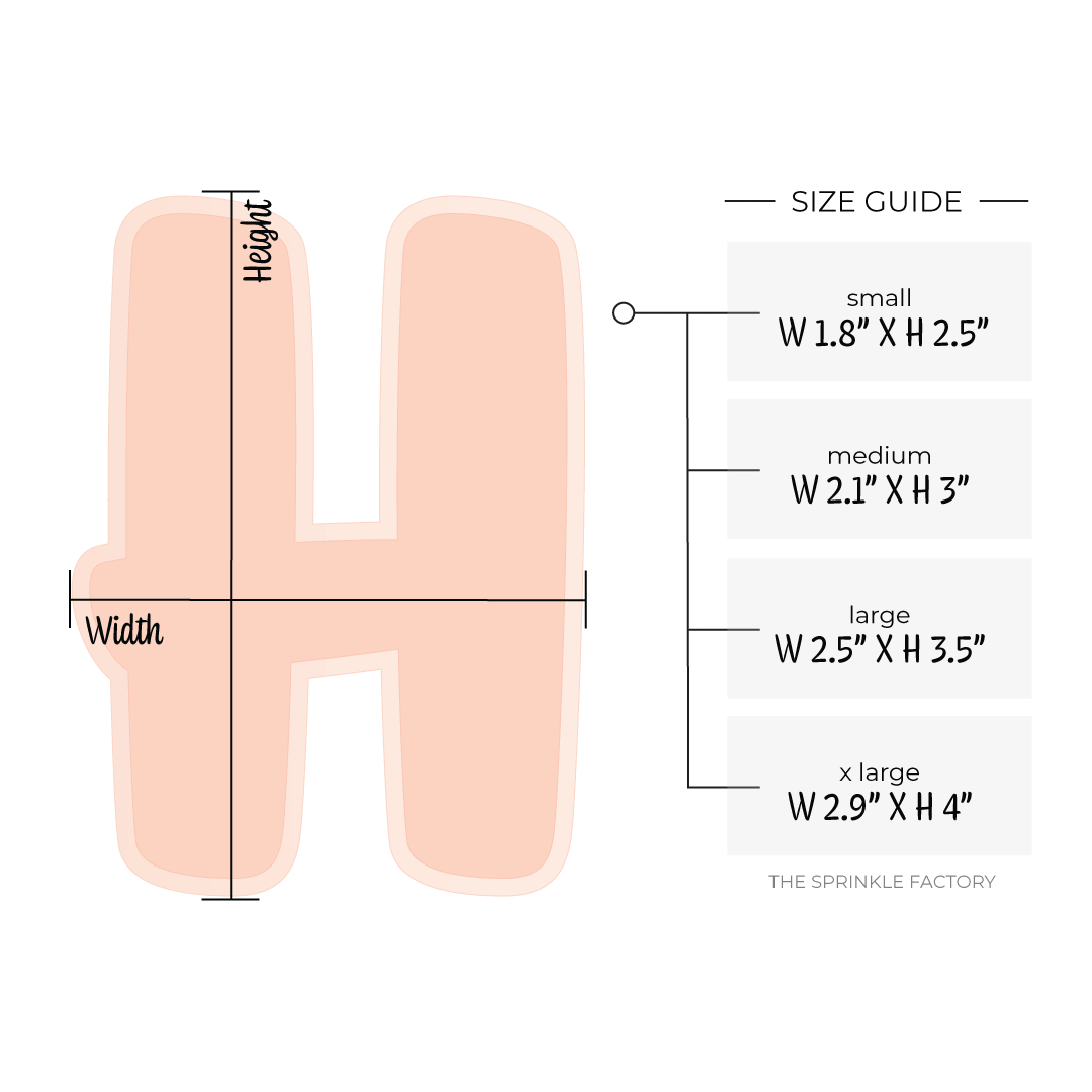 Image of an orange capital letter H with an offset light orange background with size guide.