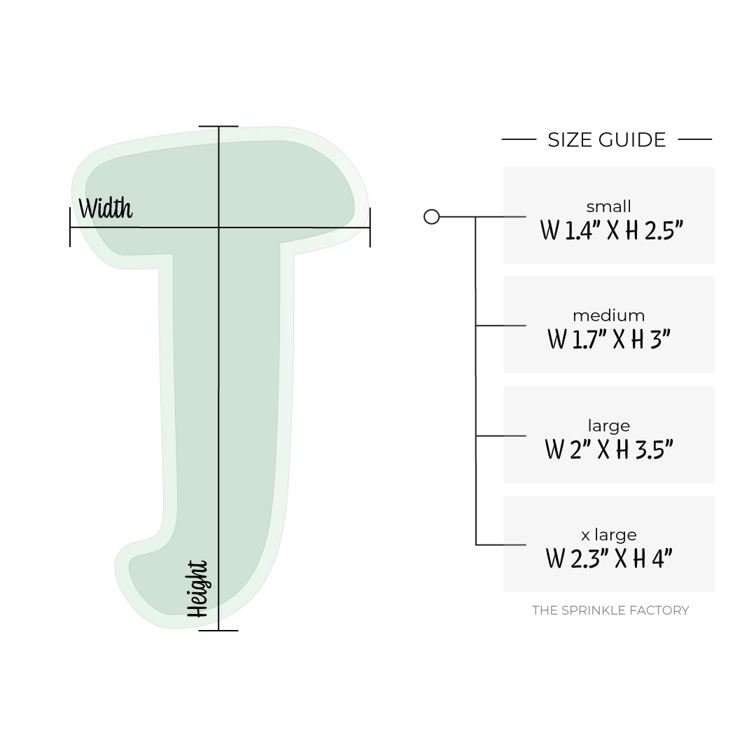 Image of a green capital letter J with an offset light green background with size guide.