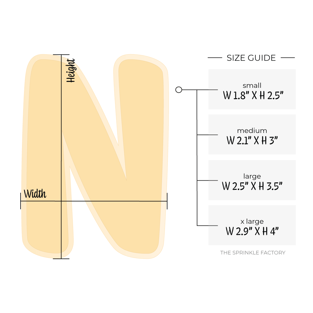 Image of a yellow capital letter N with an offset light yellow background with size guide.