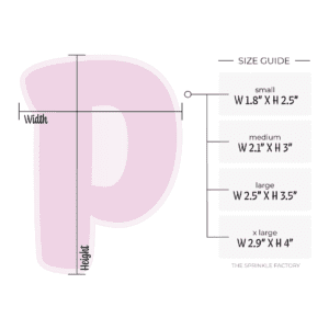 Image of a purple capital letter P with an offset light purple background with size guide.