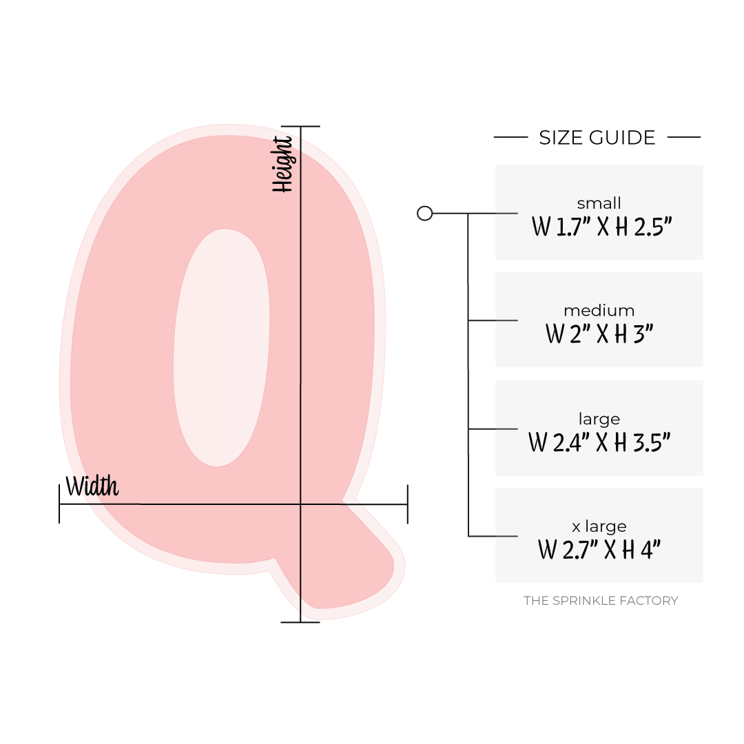 Image of a pink capital letter Q with an offset light pink background with size guide.