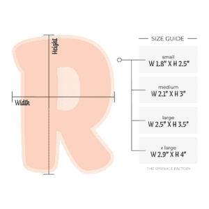 Image of an orange capital letter R with an offset light orange background and size guide.