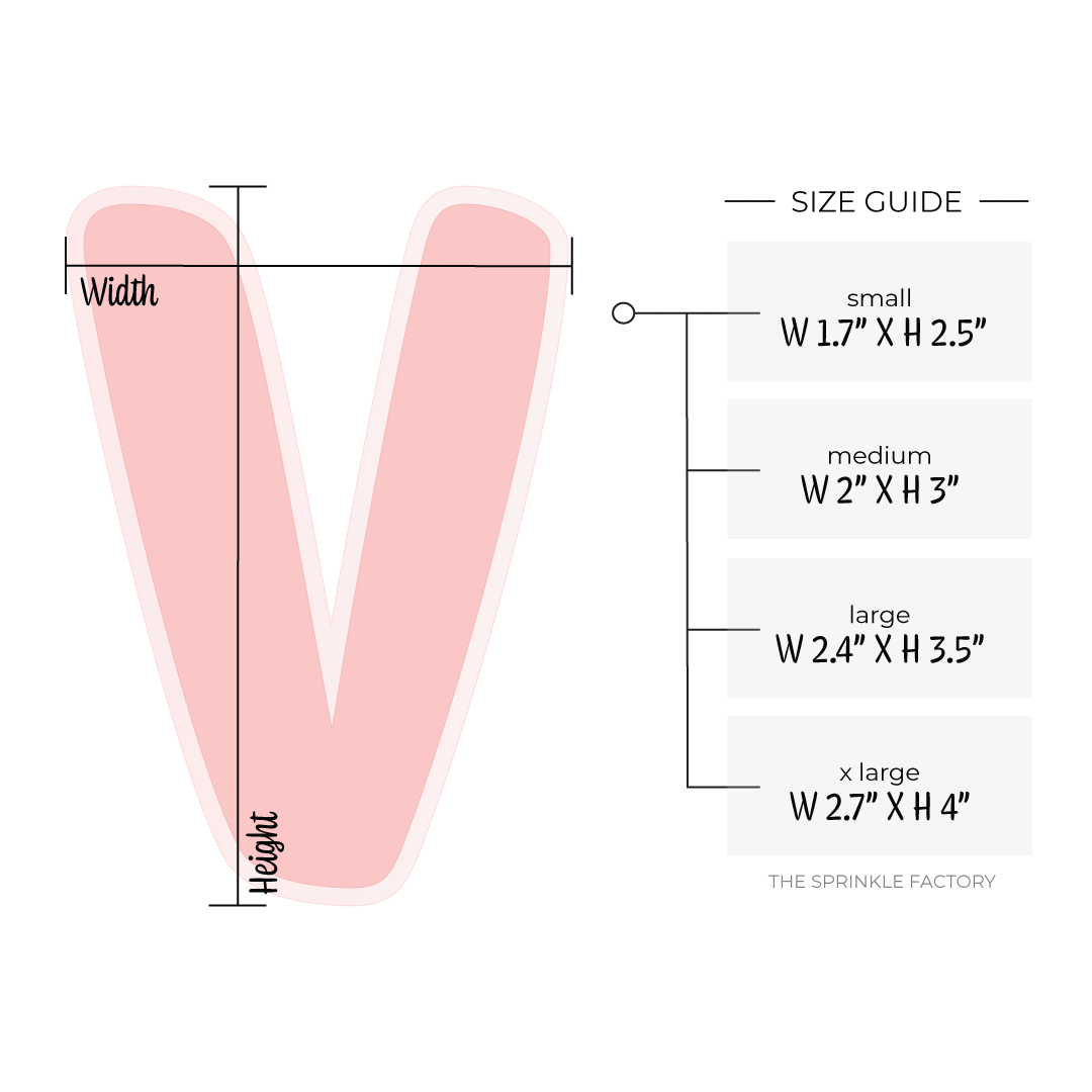 Clipart of a pink capital letter V with an offset light pink background and size guide.