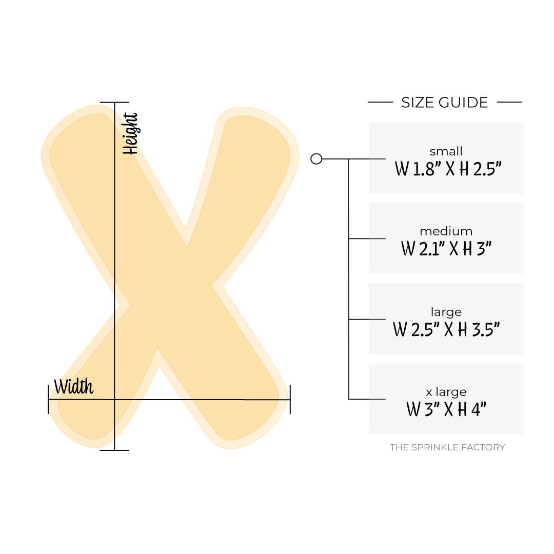 Clipart of a yellow capital letter X with an offset light yellow background with size guide.
