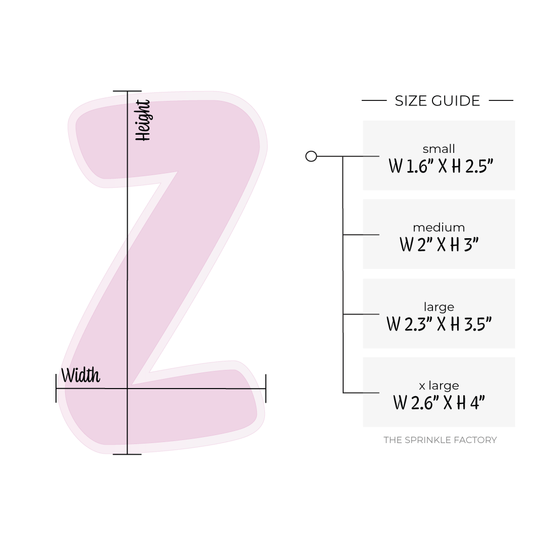 Clipart of a purple capital letter Z with an offset light purple background and size guide.