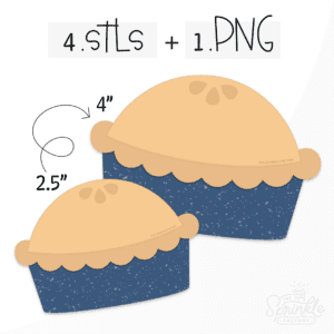 Clipart of a golden pie with a frilly crust on top of a speckled blue pie pan.