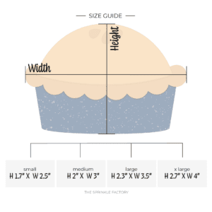 Clipart of a golden pie with a frilly crust on top of a speckled blue pie pan with size guide below.