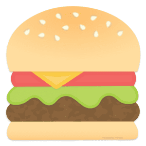 Clipart of a cheeseburger with golden bun with seeds, red tomato slice, yellow cheese triangle, green ruffle of lettuce and brown grilled burger patty.