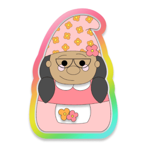 Digital Drawing of a Gnome with Glasses Wearing a Pink Dress and Hat with Flowers on Both Cookie Cutter