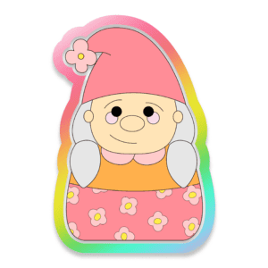 Digital Drawing of a Gnome with Pigtails Wearing A Pink Hat and a Pink and Orange Dress with Flowers on Both Cookie Cutter