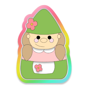 Digital Drawing of a Gnome with Pigtails Wearing a Green Hat and a Green and Pink Dress Both with Flowers on it Cookie Cutter
