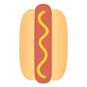 Clipart of the top view of a hot dog with a golden bun and mustard on the dog.