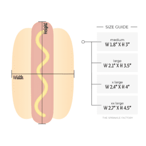 Clipart of the top view of a hot dog with a golden bun and mustard on the dog with size guide.