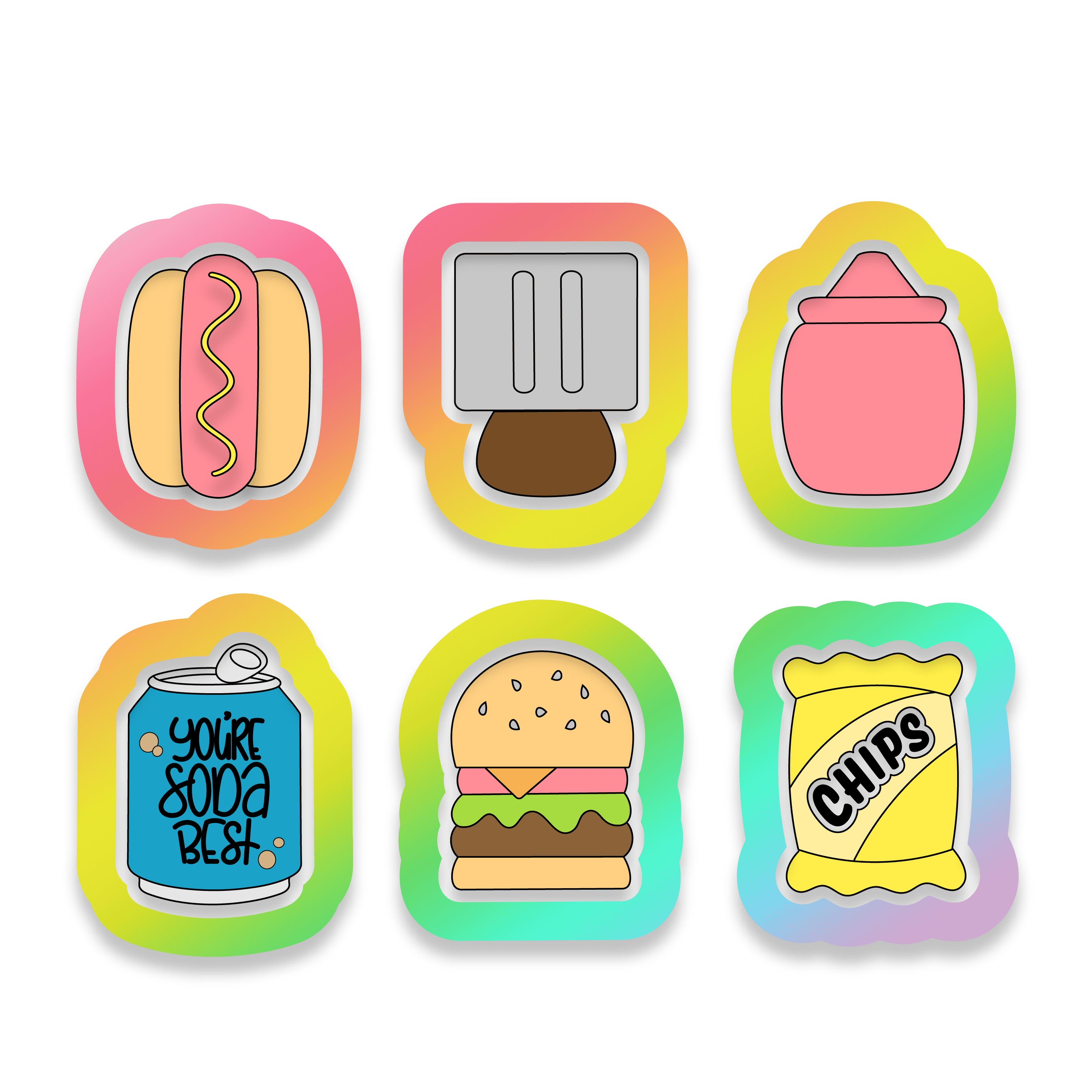 Set of 6 mini bbq cookie cutter images, a hamburger, a soda can, a hot dog, on top. Then underneath a ketchup bottle, a bag of chips, and a spatula.
