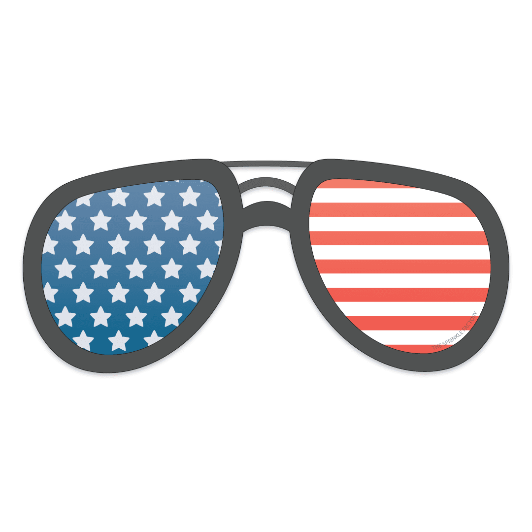 Clipart of aviator style sunglasses with black frames and blue lenses with white starts on the left eye and red and white strip lenses on the right.