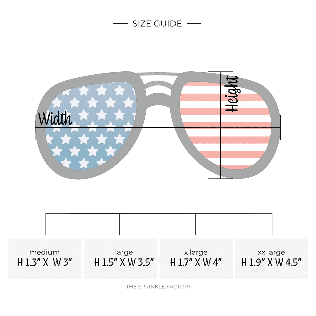 Clipart of aviator style sunglasses with black frames and blue lenses with white starts on the left eye and red and white strip lenses on the right with size guide.