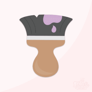 Clipart of a brown handle paint brush with wide black bristles, a grey silver band holding them to the handle and a drip of purple paint on the top.