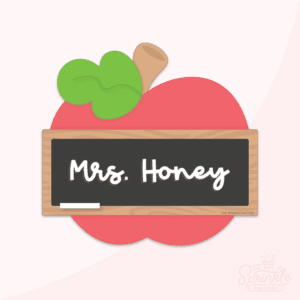 Clipart of red apple with green leaf and chalkboard shaped plaque in the center