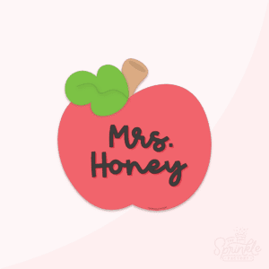 Image of a red apple with green leaf and the name Mrs. Honey written in black handwriting