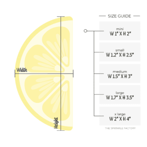 Clipart of a yellow lemon slice with size guide.