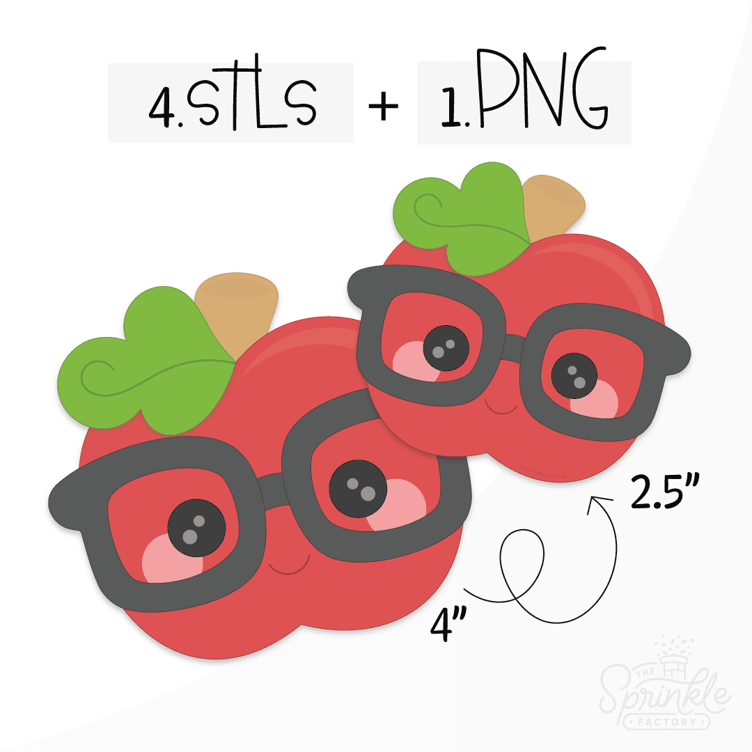 Clipart of a red apple wearing black glasses with a brown stem and a green leaf, pink cheeks and a smile.