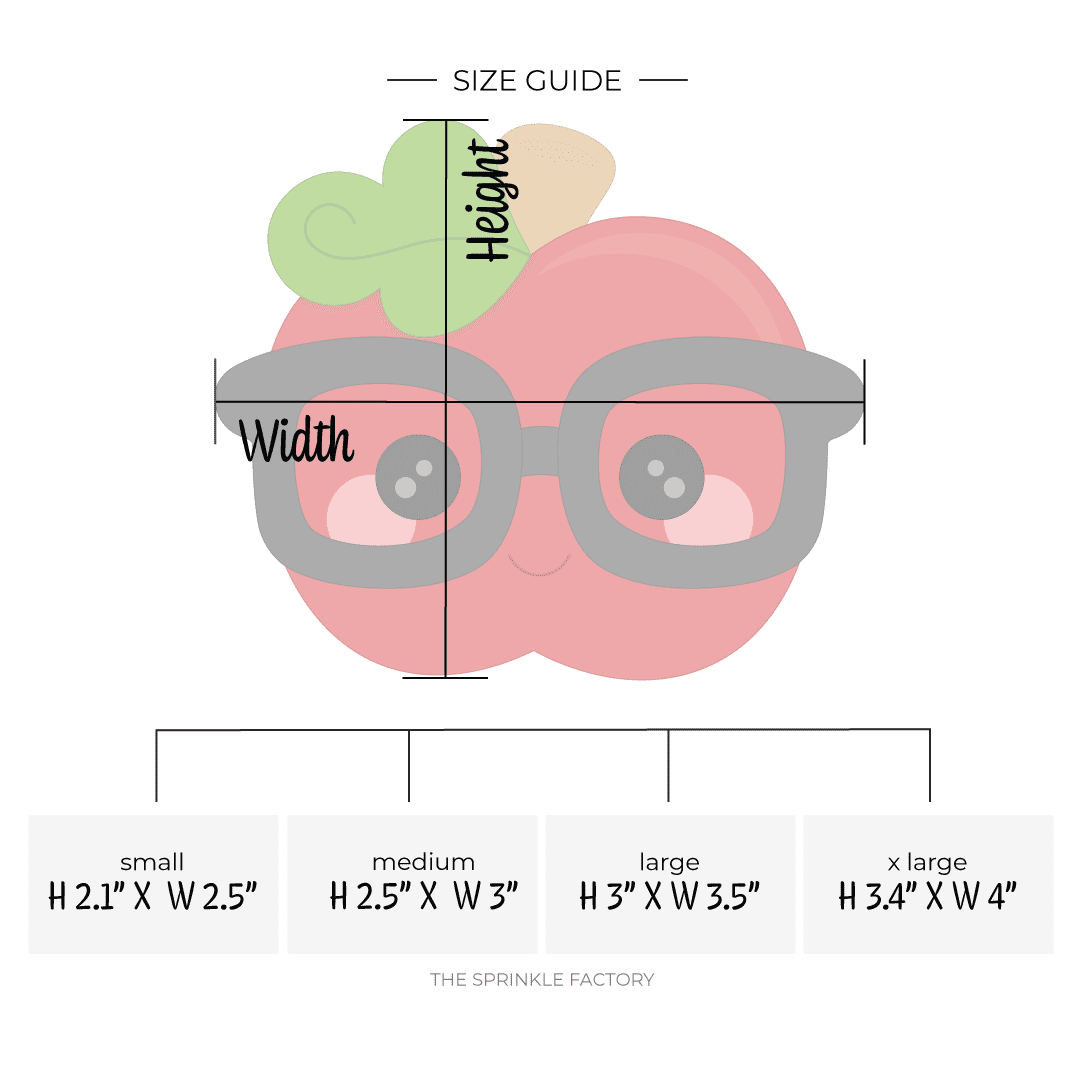 Clipart of a red apple wearing black glasses with a brown stem and a green leaf, pink cheeks and a smile with size guide.