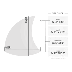 Clipart of a grey shark fin with size guide.